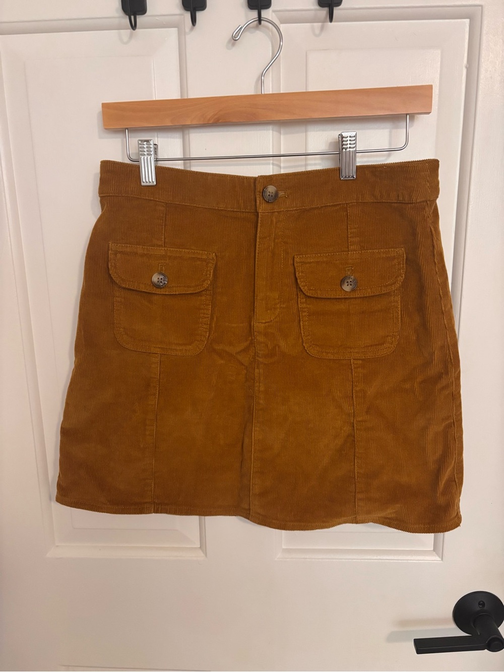 J. Crew Corduroy Mini Skirt with Front Patch Pockets in Camel Brown